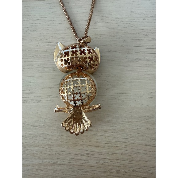 Owl Pendant Necklace Green Gemstone Eyes White Belly Rhinestone 32" - Picture 3 of 6